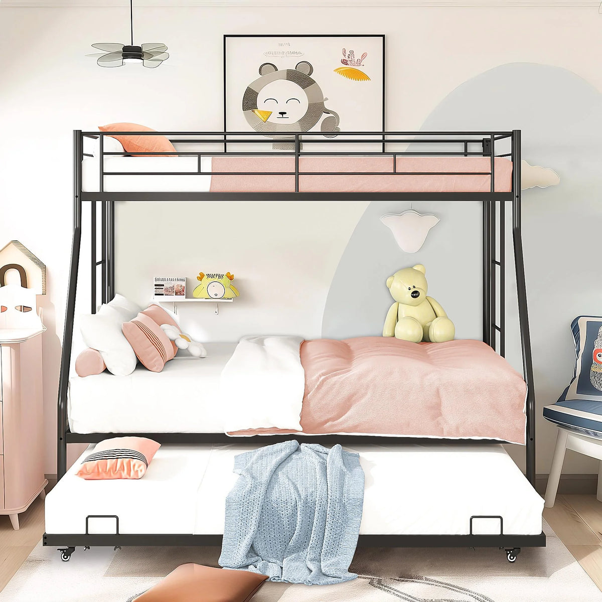 Black Metal Twin Over Twin Bunk Bed with Trundle D59553