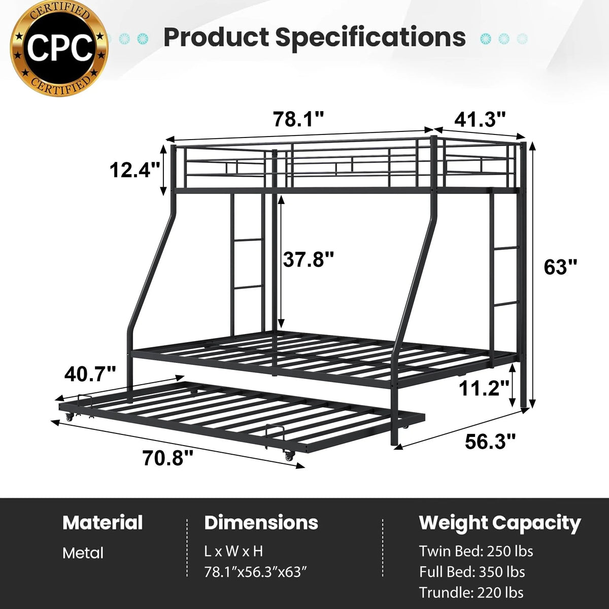 Black Metal Twin Over Twin Bunk Bed with Trundle D59553