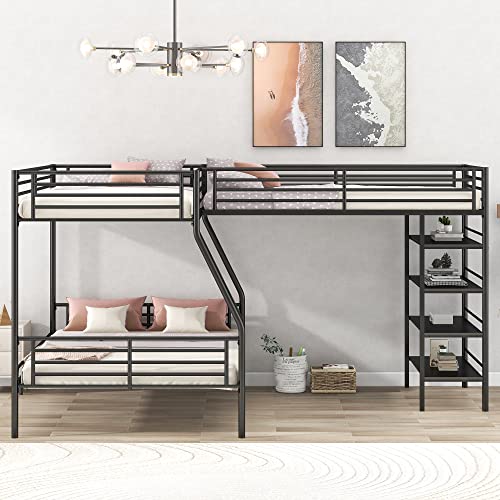 Black Metal Twin Size L-Shaped Loft Bed with Two Built-in Desks Q586033