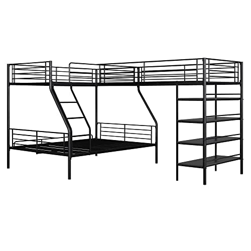 Black Metal Twin Size L-Shaped Loft Bed with Two Built-in Desks Q586033