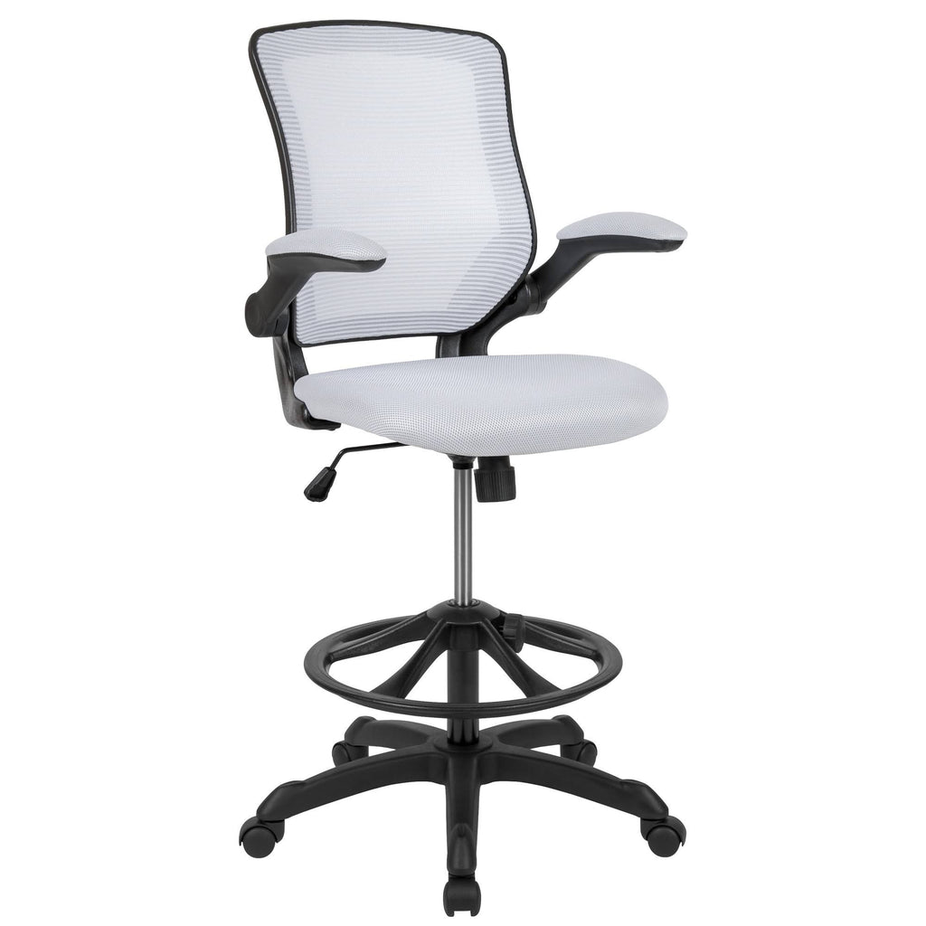 White Mesh Ergonomic Drafting Chair with Foot Ring and Flip-Up Arms Q932848