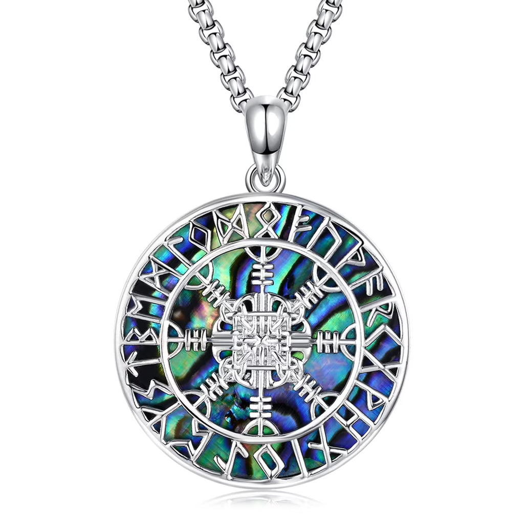 925 Sterling Silver Viking Compass Necklace with Abalone Nordic Runes Pendant Q99458