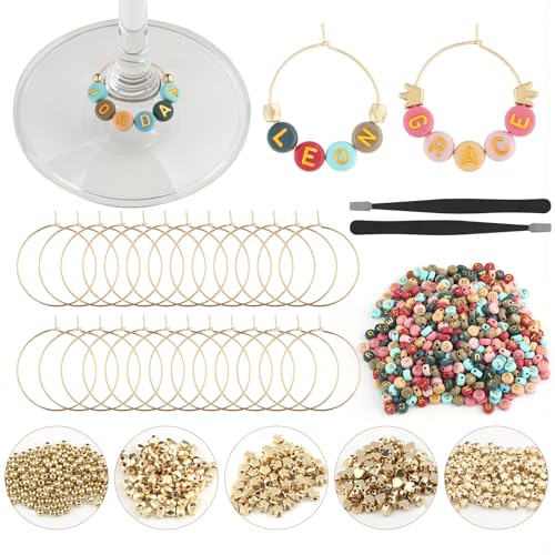 60 Set DIY Wine Glass Charms with Letter Beads, Gold Bead Charms and Rings A7254