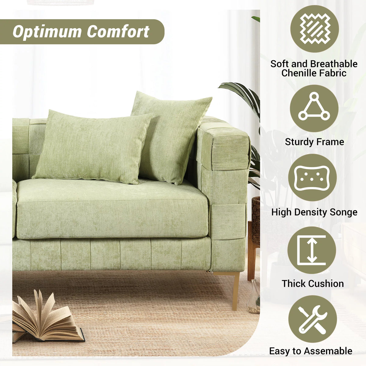 Green Chenille Upholstered 3-Seat Sofa Couch P470913