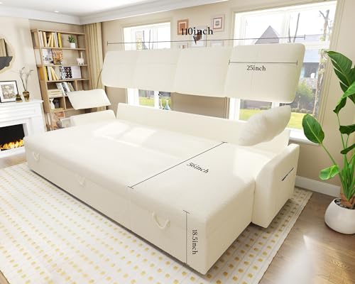 White Sherpa Sofa Bed with Storage Chaise F5928