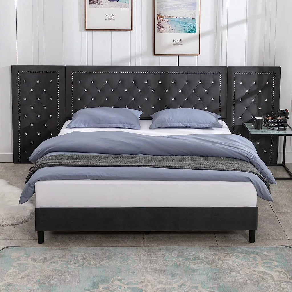 Dark Grey Velvet Upholstered Queen Size Bed Frame B363965