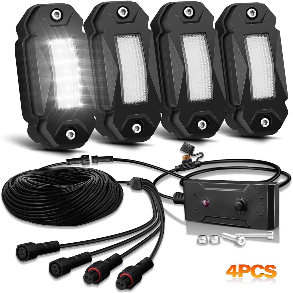 4Pods LED Rock Lights White with 23FT Harness Switch Fuse kit R565