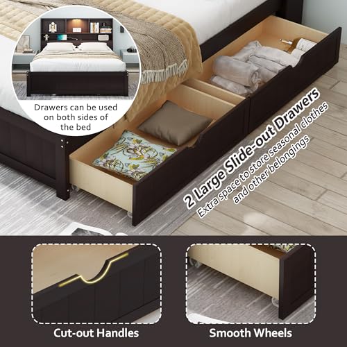 White Wood Twin Bed Frame with Bookcase Headboard and Storage Drawers R95395