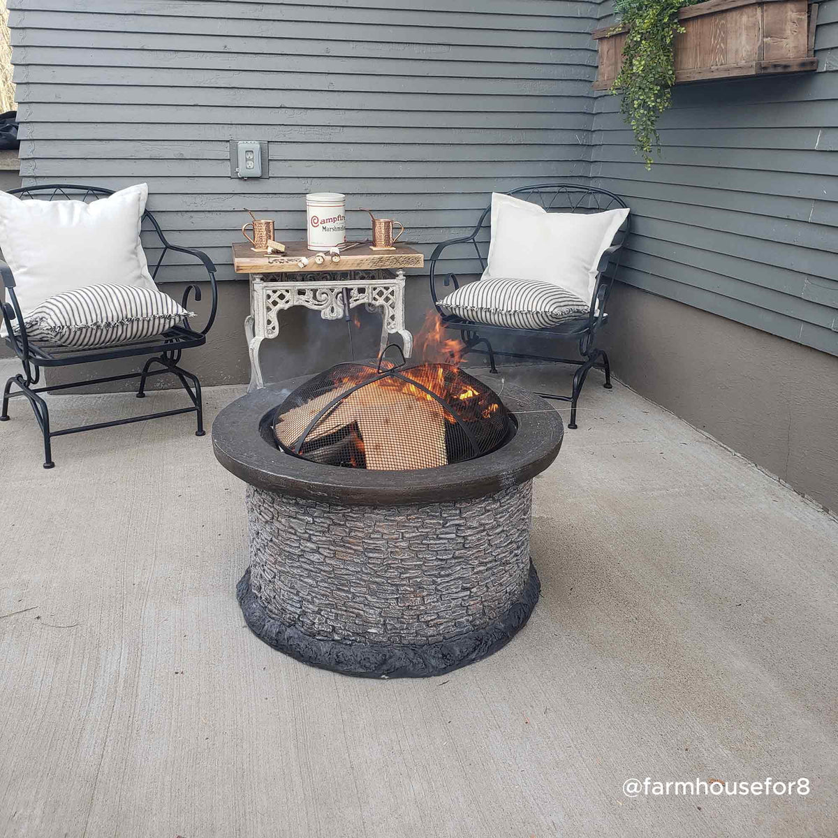 32 in. Stone Wood Burning Fire Pit with Steel Mesh Spark Screen and Fire Poker Q2921