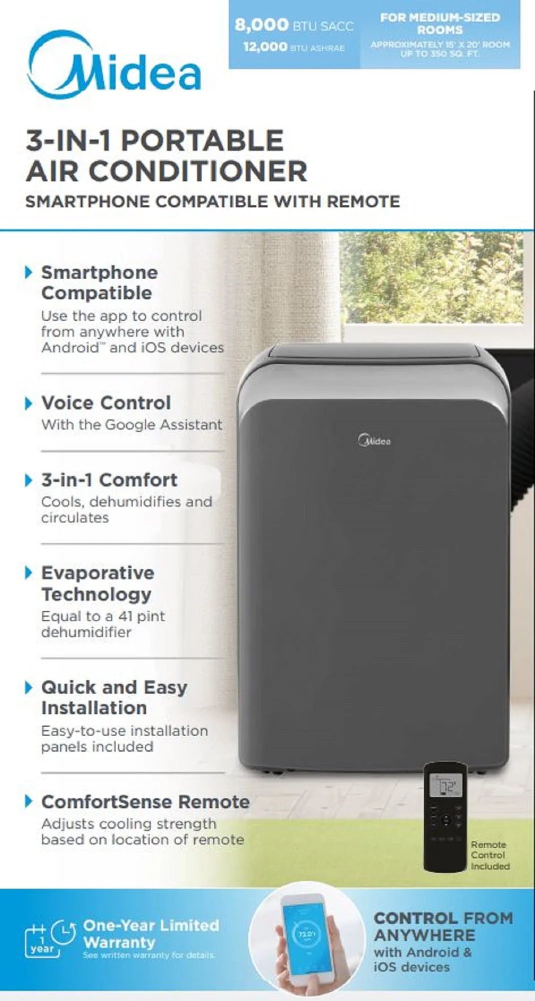 8,000 BTU Smart Portable Air Conditioner with Remote S423112