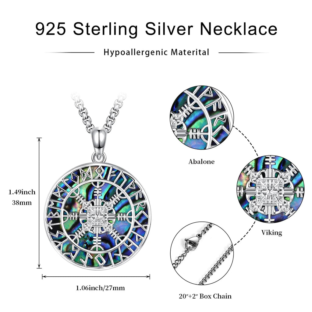 925 Sterling Silver Viking Compass Necklace with Abalone Nordic Runes Pendant Q99458