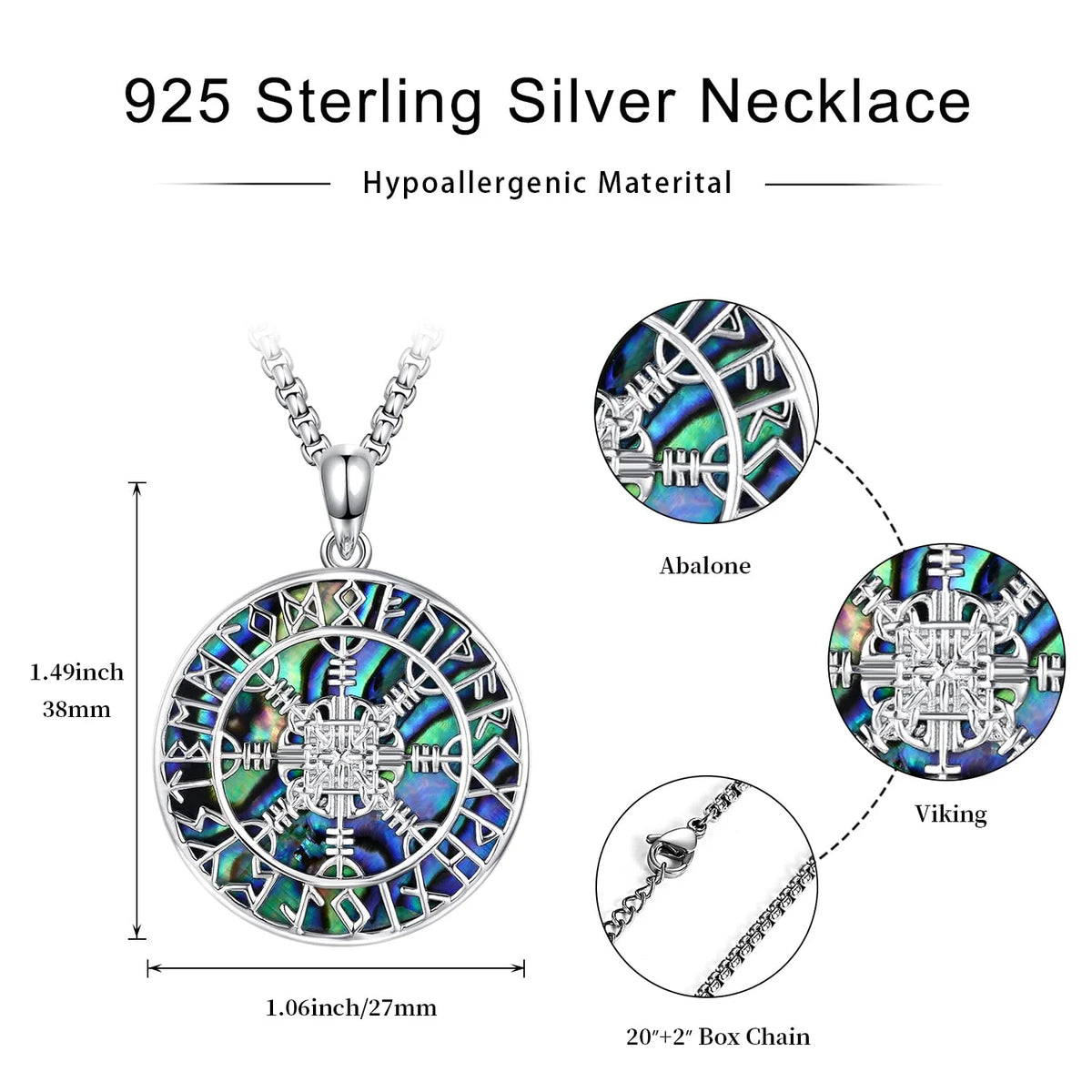925 Sterling Silver Viking Compass Necklace with Abalone Nordic Runes Pendant Q99458