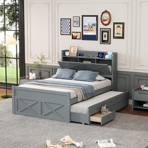 White Wood Twin Bed Frame with Bookcase Headboard and Storage Drawers R95395