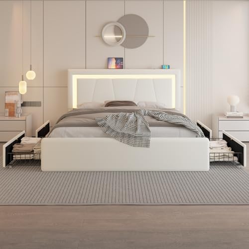 White Full Size Upholstered Platform Bed Frame with 4 Storage Drawers E290505
