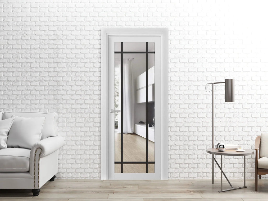 Solid French Door 30 x 80 inches White Silk Clear Glass Single Regular Panel Frame Trims Handle K74857