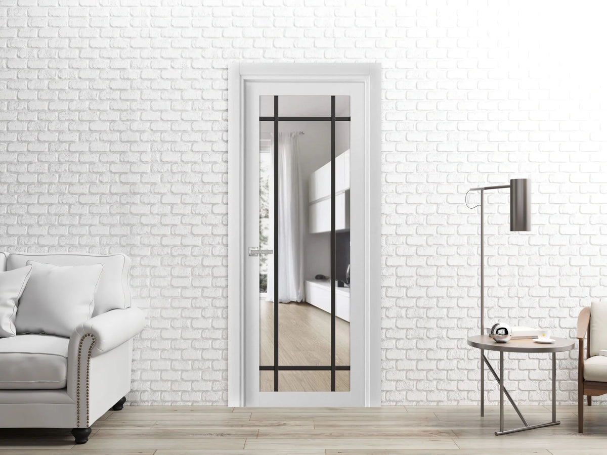 Solid French Door 30 x 80 inches White Silk Clear Glass Single Regular Panel Frame Trims Handle K74857