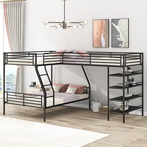 Black Metal Twin Size L-Shaped Loft Bed with Two Built-in Desks Q586033