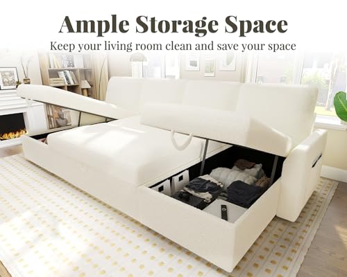 White Sherpa Sofa Bed with Storage Chaise F5928