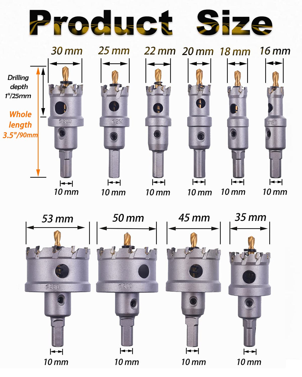 10 Pcs Tungsten Carbide Tipped Hole Saw Kit with Titanium-Plated Pilot Drills Q890331