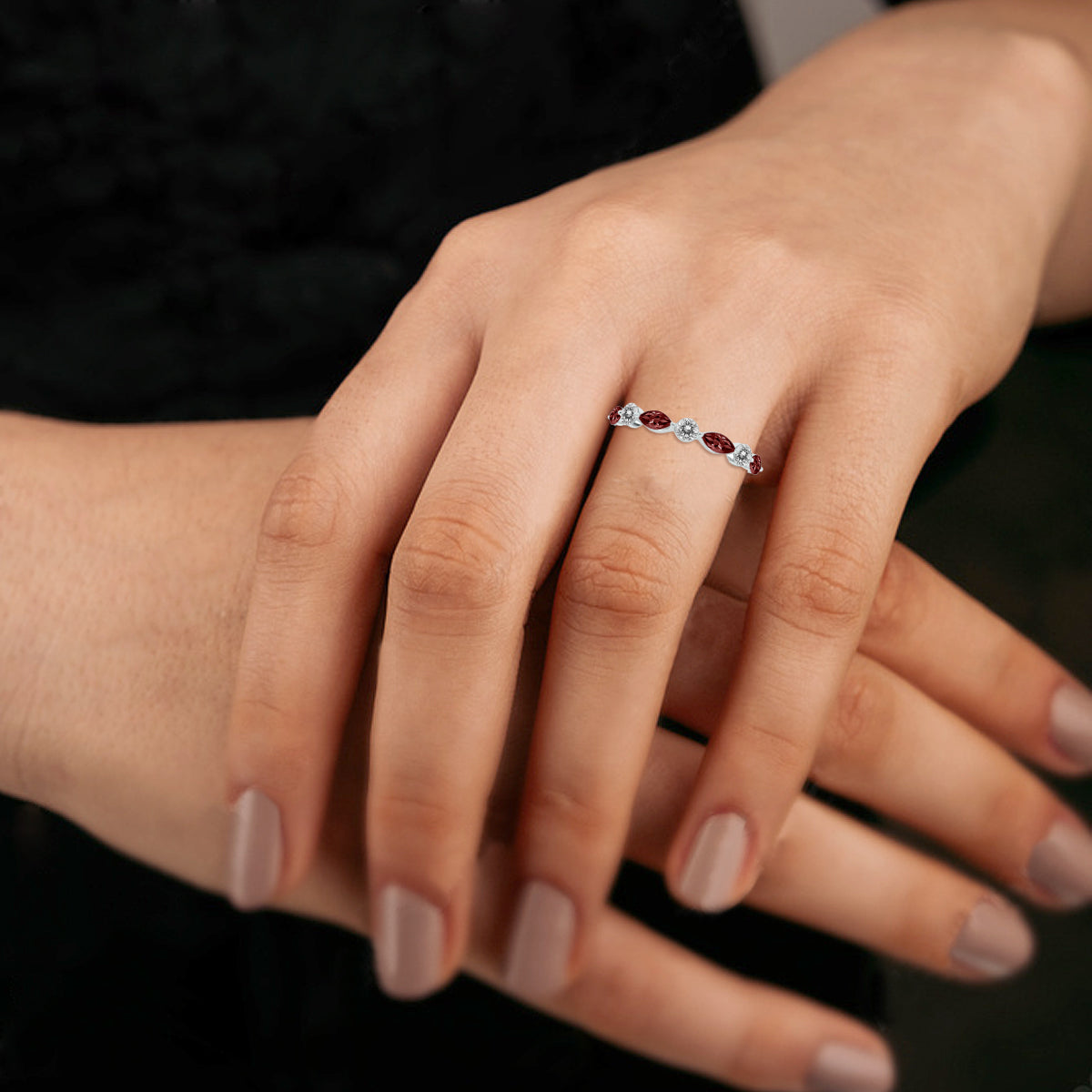 10K White Gold Marquise Garnet and Diamond Wedding Band N85162