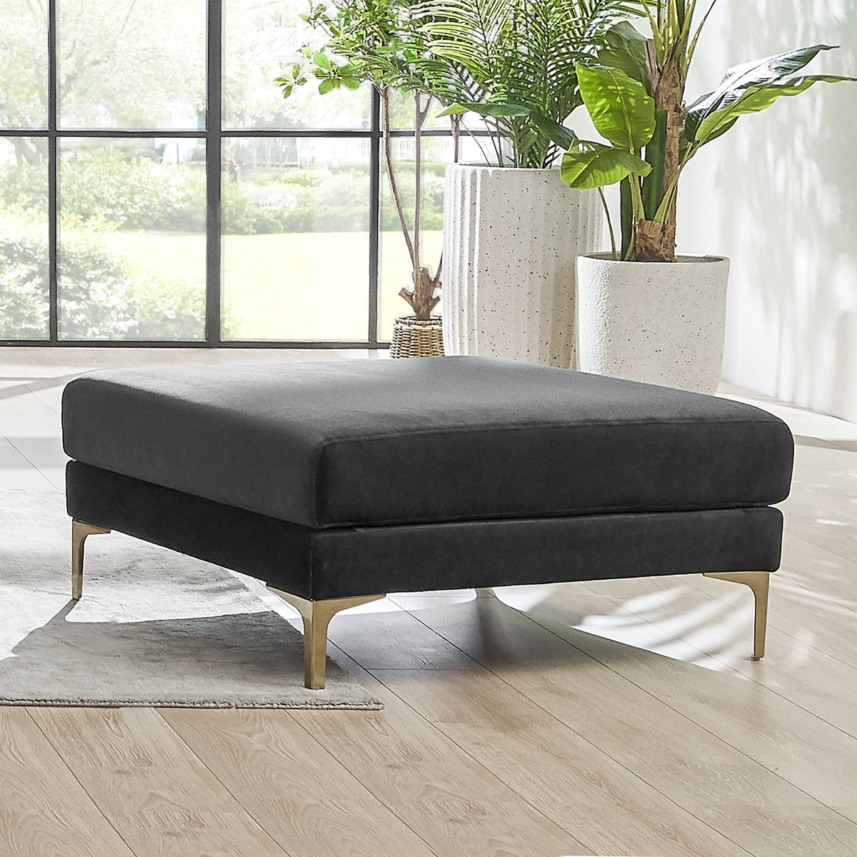 Black Velvet Ottoman with Brass Leg Y67318