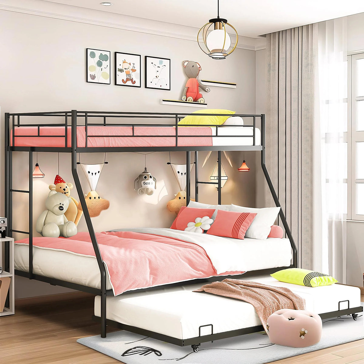 Black Metal Twin Over Twin Bunk Bed with Trundle D59553