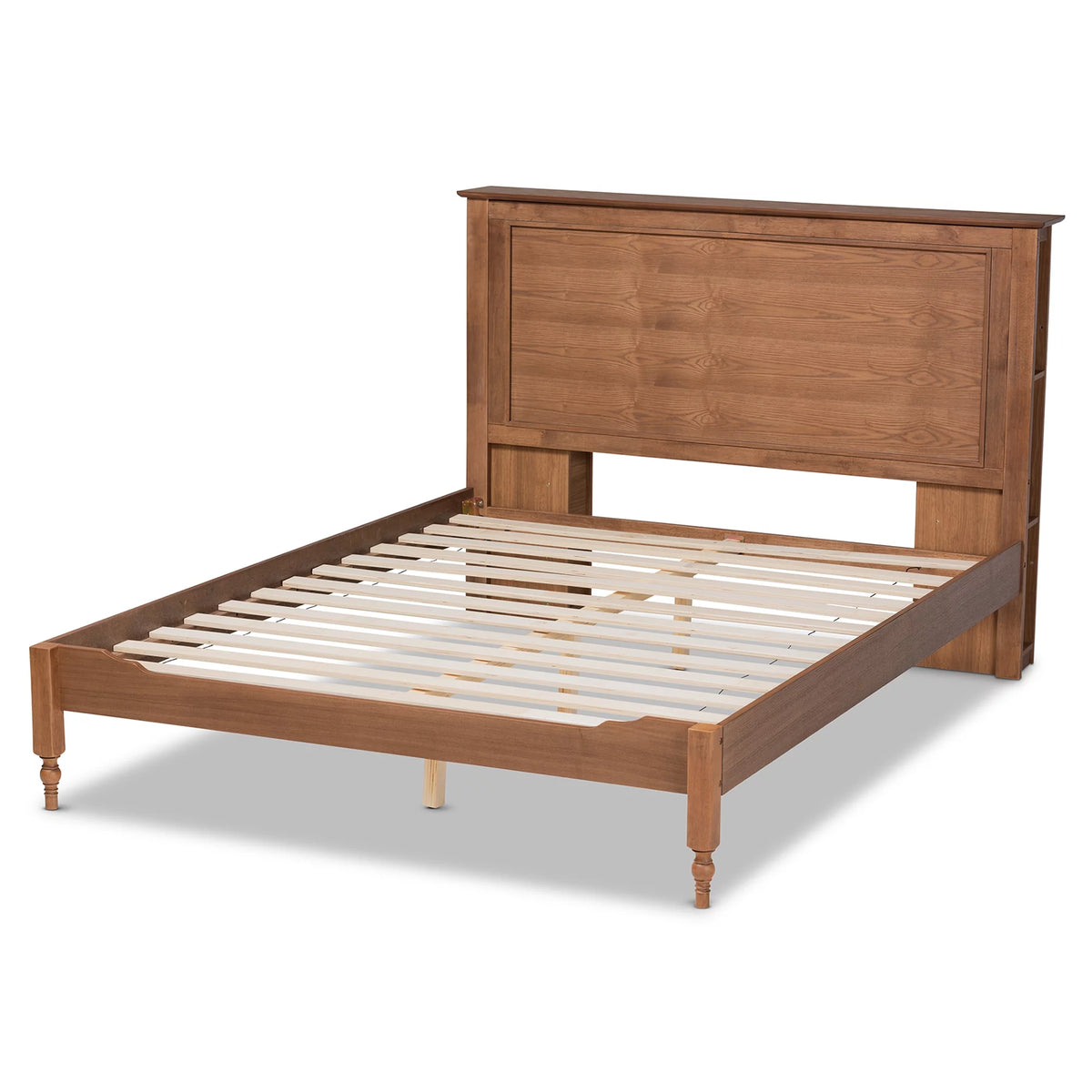 Ash Walnut Brown Wood King Size Platform Storage Bed with Built-In Shelves V4163
