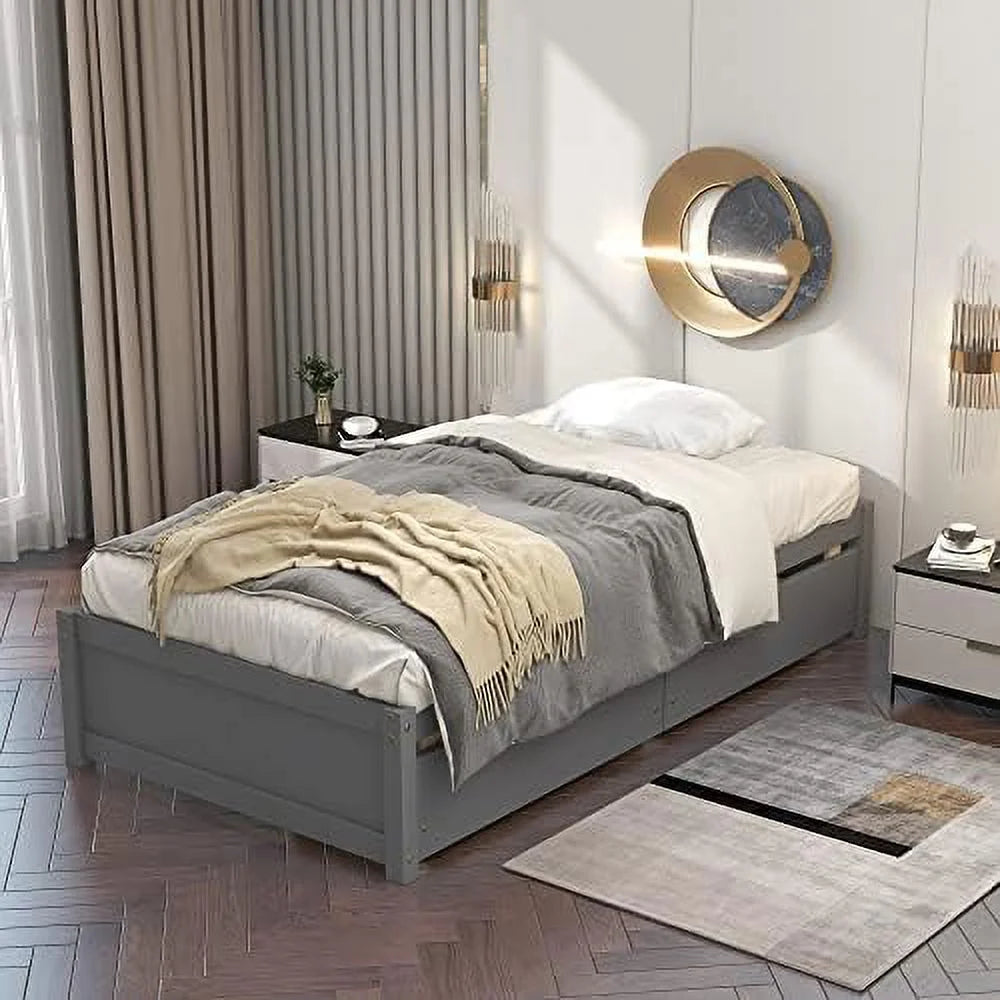 Solid Wood Platform Bed with Two Storage Drawers N423