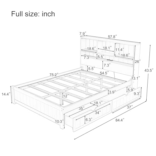 White Wood Twin Bed Frame with Bookcase Headboard and Storage Drawers R95395
