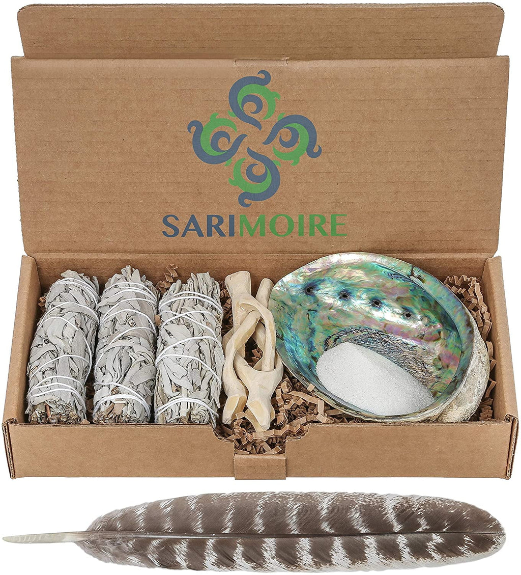 White Sage Smudge Sticks with Abalone Shell Tripod Stand Feather and White Sand R548