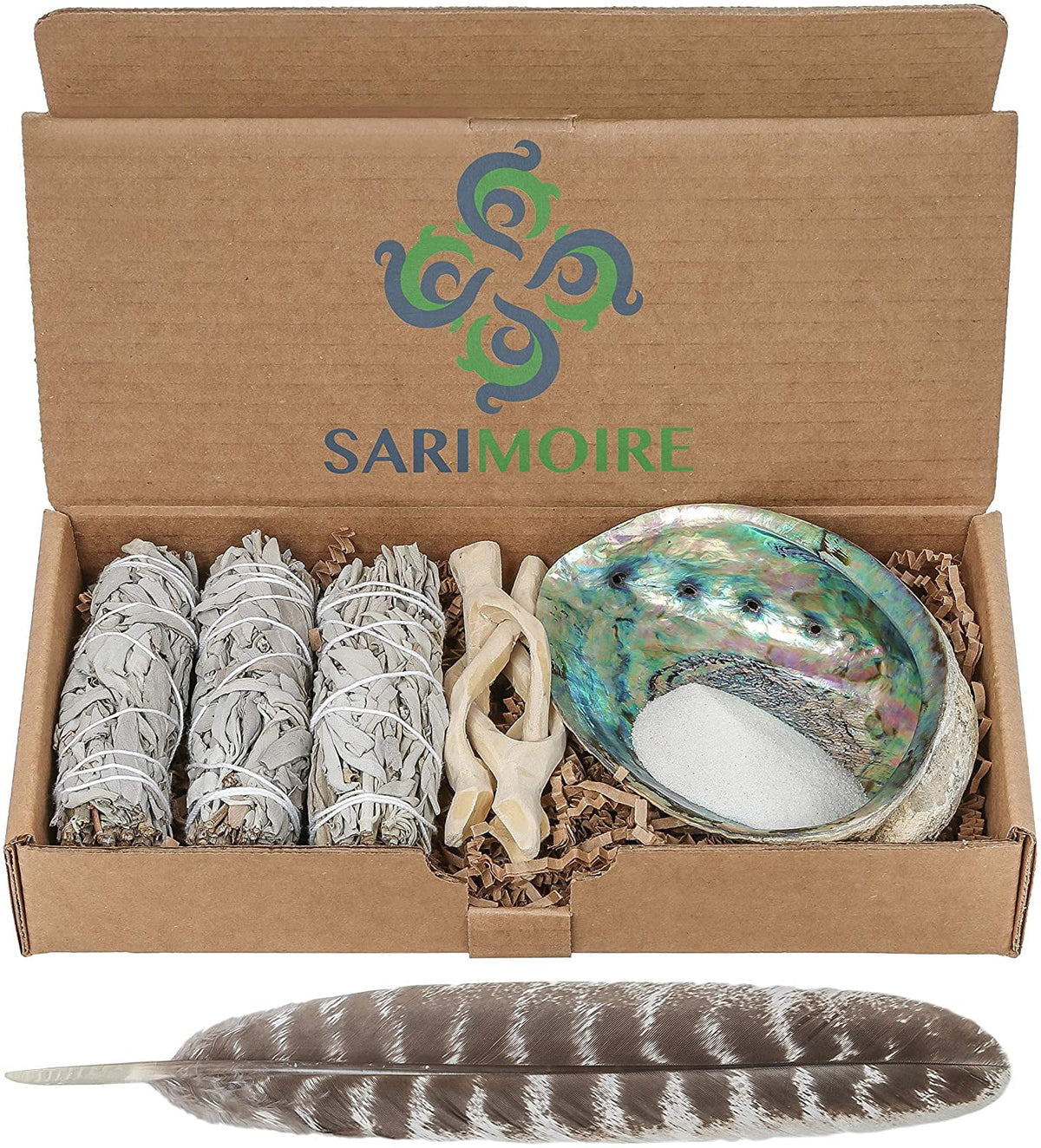 White Sage Smudge Sticks with Abalone Shell Tripod Stand Feather and White Sand R548