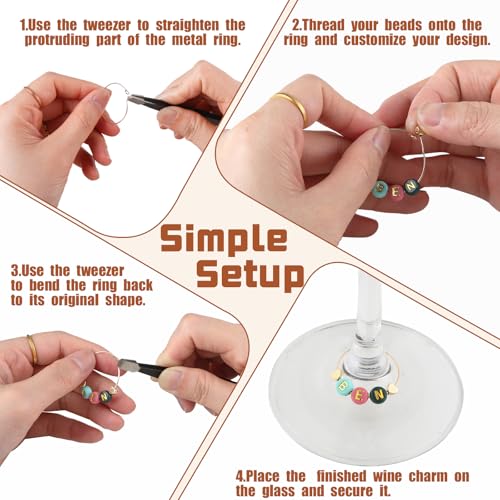 60 Set DIY Wine Glass Charms with Letter Beads, Gold Bead Charms and Rings A7254