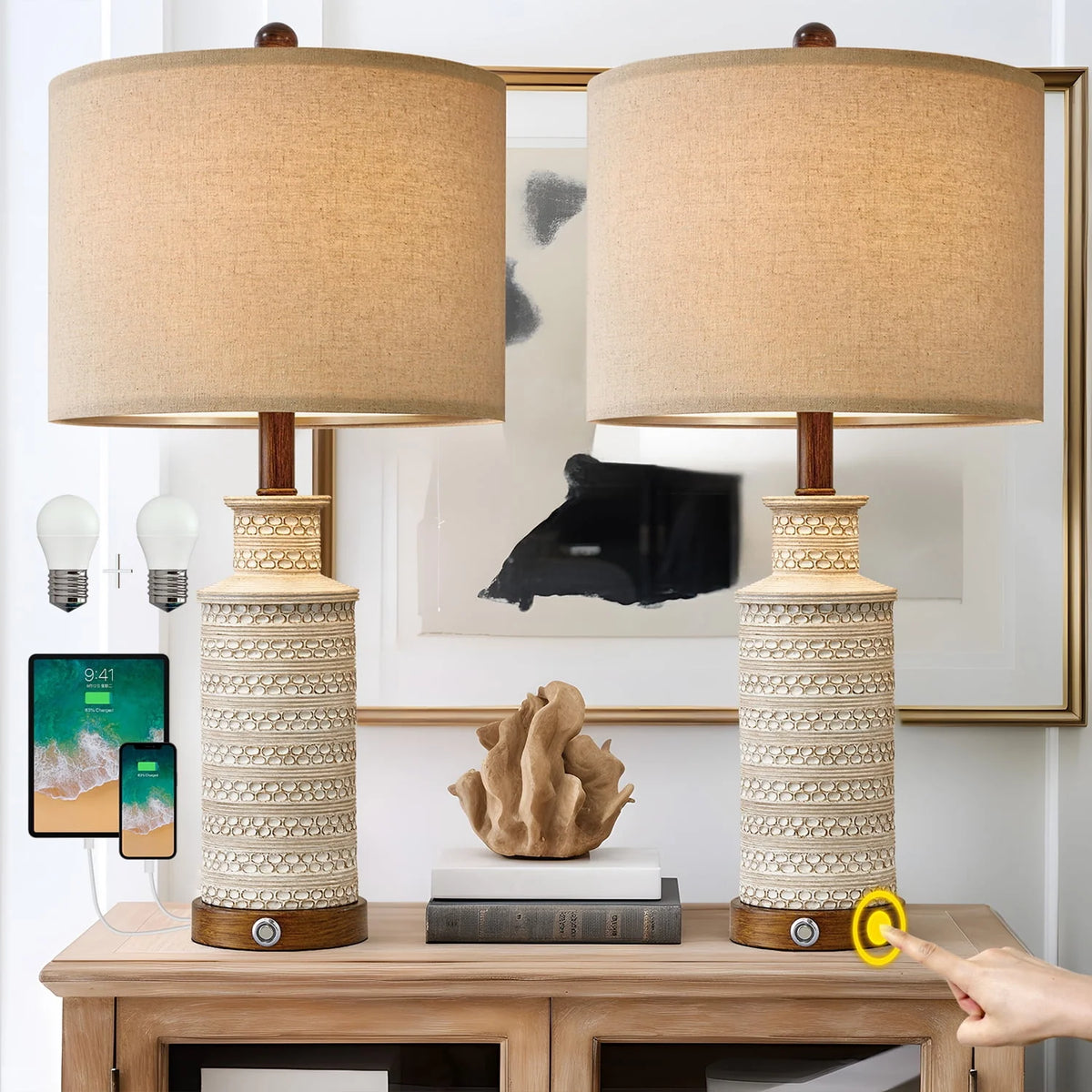 3 Way Dimmable Table Lamp Set of 2 with USB Ports G739522