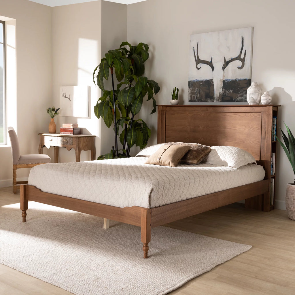 Ash Walnut Brown Wood King Size Platform Storage Bed with Built-In Shelves V4163