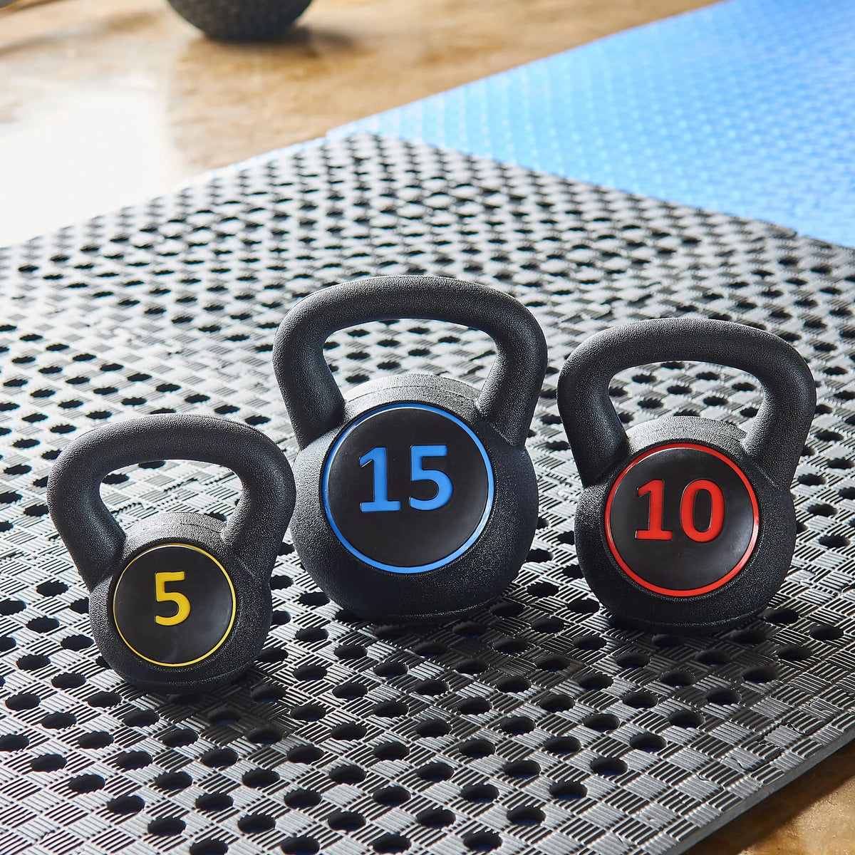 Wide Grip Kettlebell Set, 5lb, 10lb, and 15lb E357901
