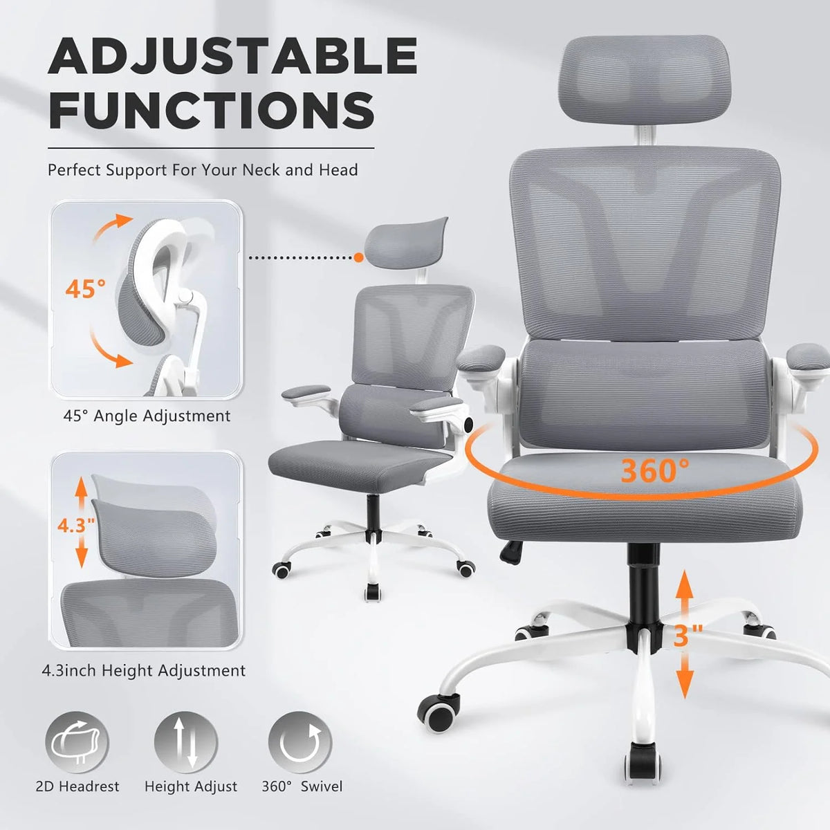 Dark Grey Ergonomic Mesh Office Chair with Lumbar Support Pillow L39322