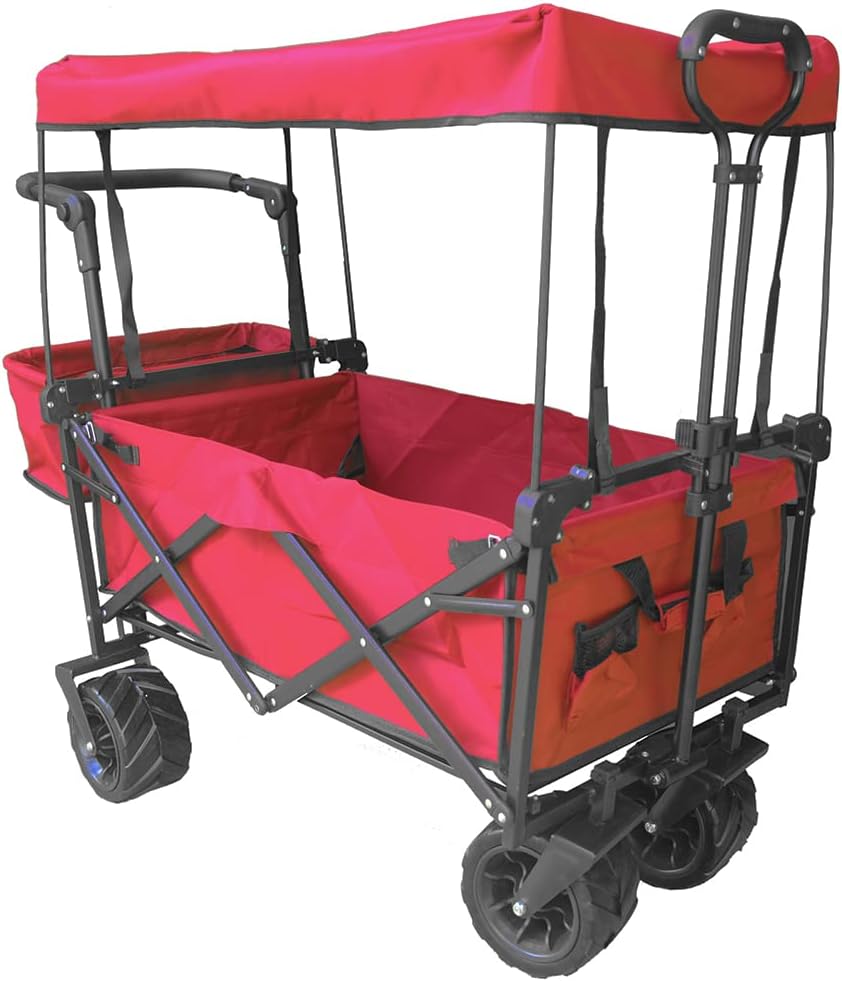 Collapsible Wagon Camping Garden Cart with Removable Canopy, Adjustable Push Handles and Brake (Black) S84815