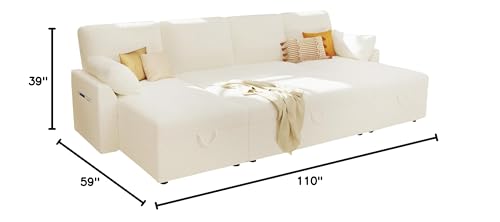 White Sherpa Sofa Bed with Storage Chaise F5928
