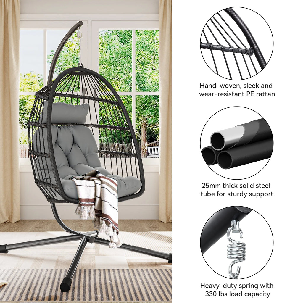 Hanging Egg Swing Chair with Stand Wicker Dark Gray S79182