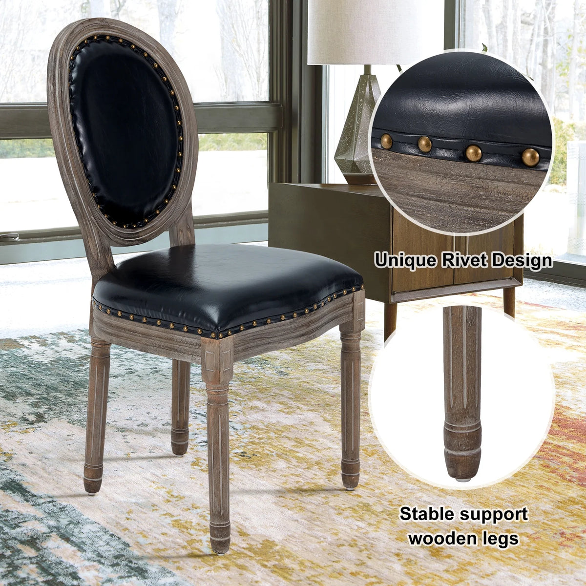 Black Leather Dining Chairs Set of 4 with Solid Wood Legs L556305