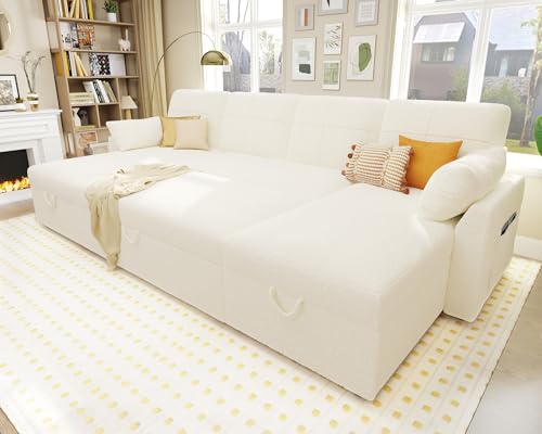 White Sherpa Sofa Bed with Storage Chaise F5928