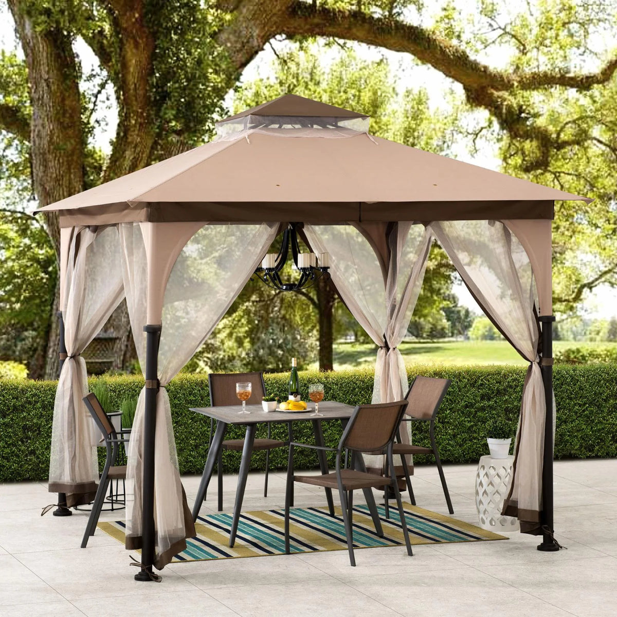 Tan and Brown Steel Frame Outdoor Patio Gazebo with Netting Q979