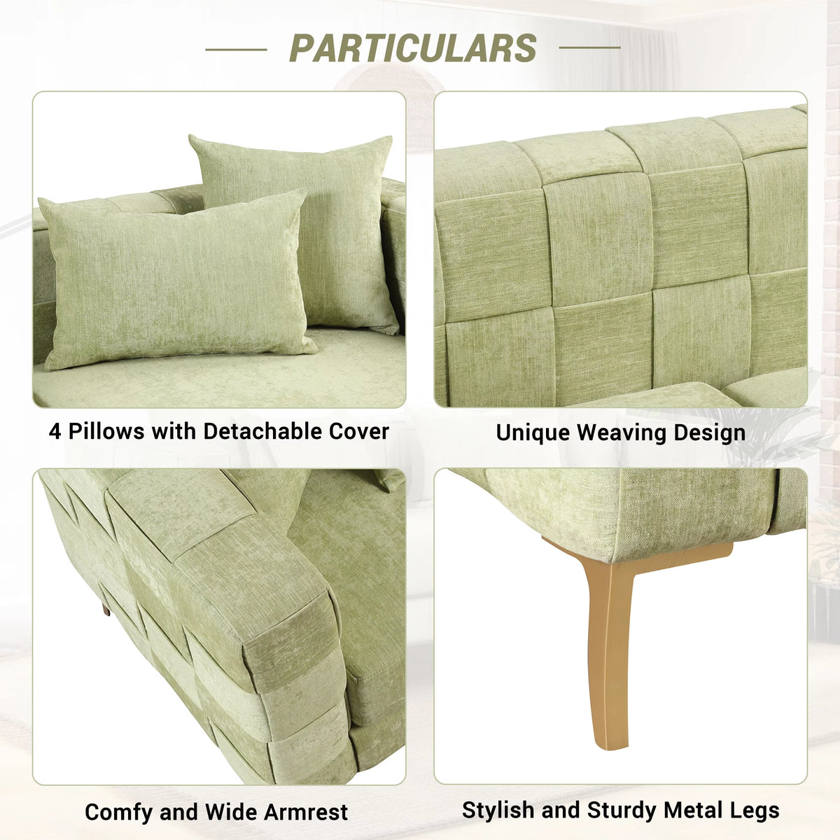 Green Chenille Upholstered 3-Seat Sofa Couch P470913