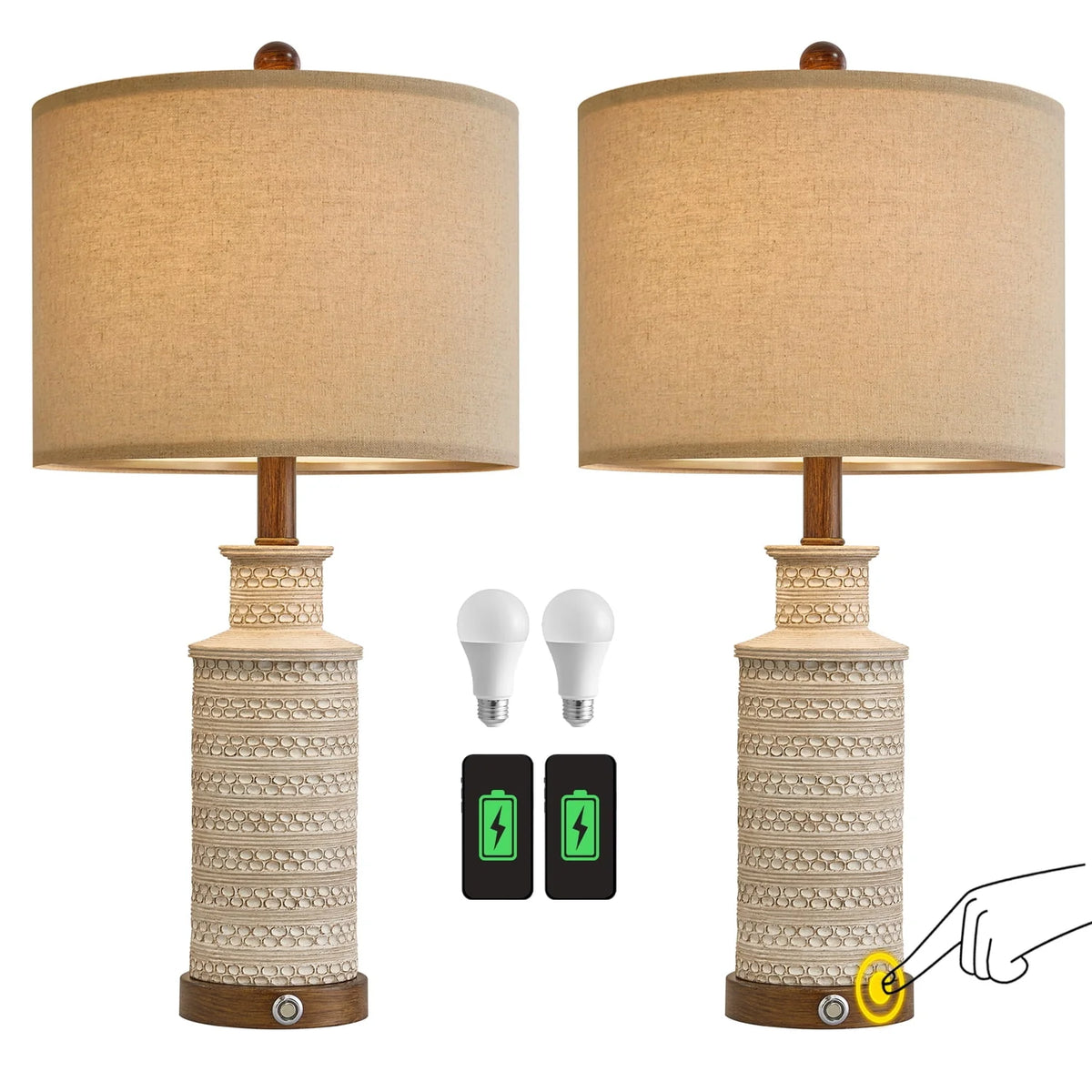 3 Way Dimmable Table Lamp Set of 2 with USB Ports G739522