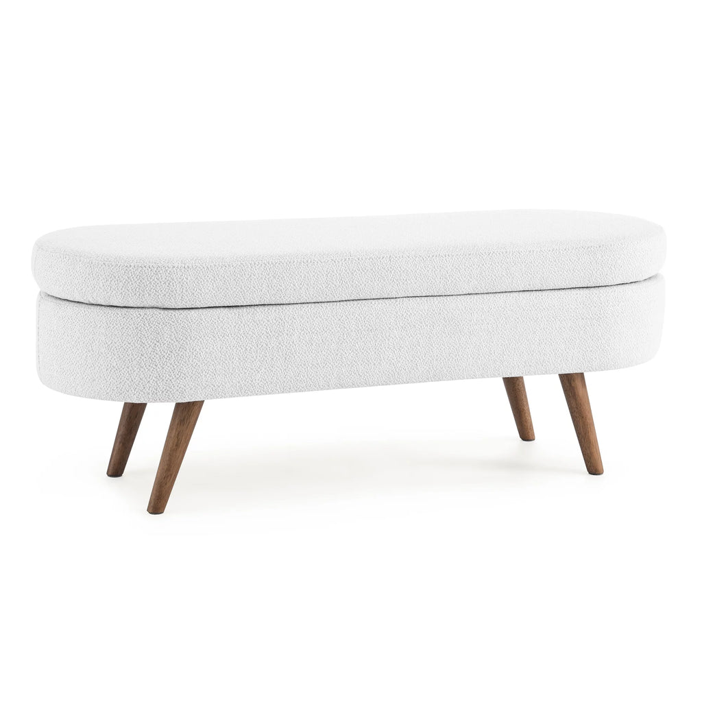 White Oval Storage Ottoman Bench with Rubber Wood Legs J889580