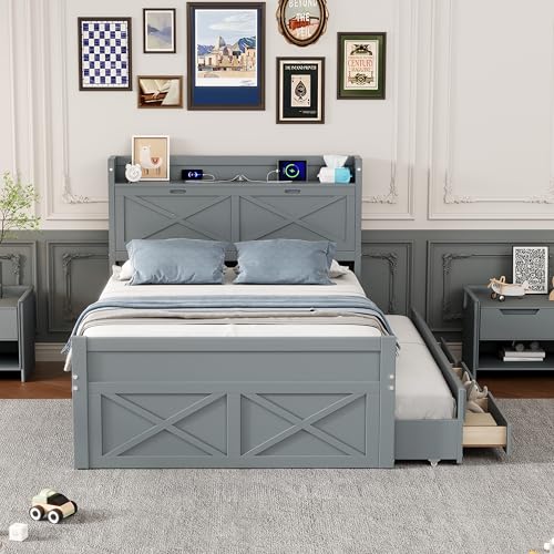 White Wood Twin Bed Frame with Bookcase Headboard and Storage Drawers R95395